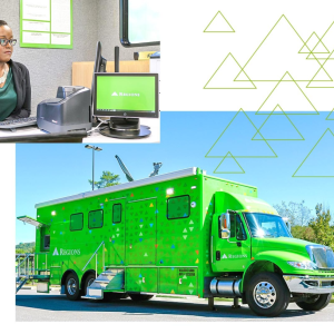 Collage: A person working at a desk; a green truck