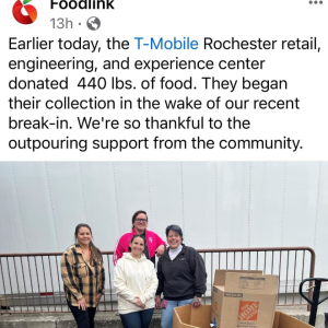 Post: Earlier today, the T-Mobile Rochester retail, engineering, and experience center donated 440 lbs. of food.