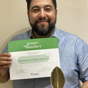 Person holding up an award