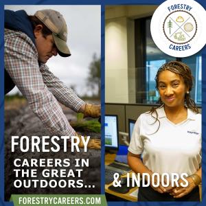 A collage of people, with text: FORESTRY, careers in the great outdoors...& indoors. ForestryCareers.com