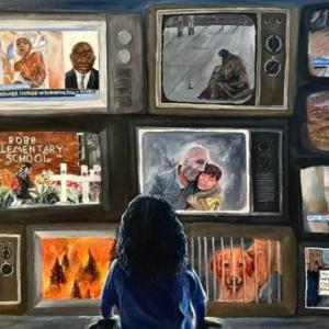 Artwork of a child watching multiple televisions
