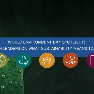  "World Environment Day Spotlight: Gildan Leaders on What Sustainability Means to Them" text on a backdrop featuring fresh leaves, and Gildan's five ESG icons