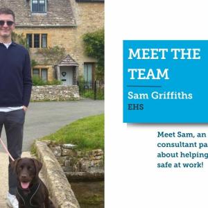Sam Griffiths, EHS Consultant, posing with his dog