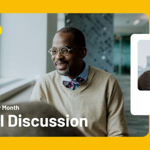 Image of 2 people talking reads: Black History Month Panel Discussion