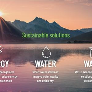 Image of lake with "Energy", "Water", and "Waste" text