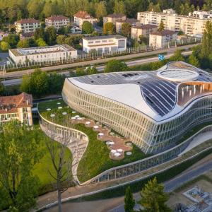 Birds eye view of city with Olympic stadium 