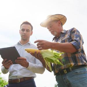 two people with a clipboard and an ear of corn