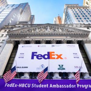 A building with a FedEx banner on the front