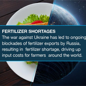 FERTILIZER SHORTAGES The war against Ukraine has led to ongoing blockades of fertilizer exports by Russia, resulting in fertilizer shortage, driving up input costs for farmers around the world.