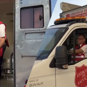 Two separate photos, on the left is two people unloading bottles of water out of the back of a truck, the photo on the right is a person in the drivers seat in the FedEx canteen truck