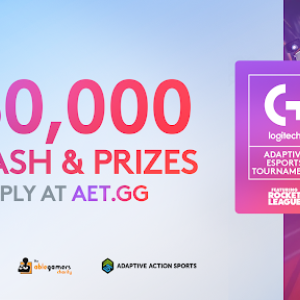 "$50,000 in cash & prizes. Apply at aet.gg Logitech logo on the right and sponsor logos on the bottom