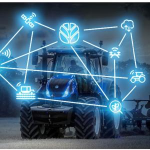 Tractor image with digital overlay displaying smart farm icons