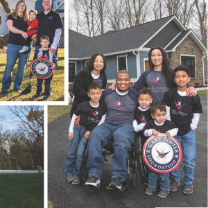 Two families pose with the The Gary Sinise Foundation logo