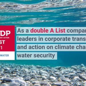 CDP A List 2021 logo and the words, "As a double A list company, we are leaders in corporate transparency and action on climate change and water security."