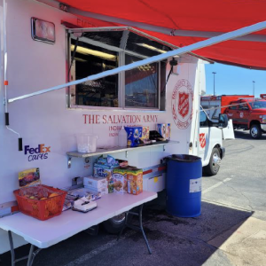 FedEx canteen truck set up with a food and drink station 