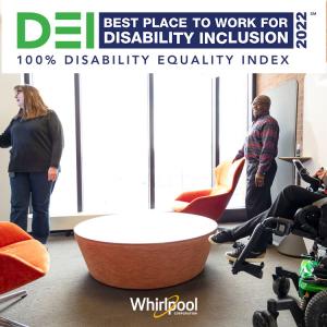 “Best Place To Work for Disability Inclusion” logo above 3 people meeting 