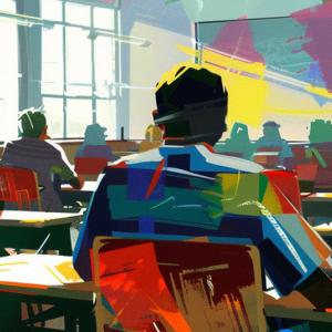 Painting of students in a classroom