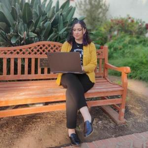 person sitting on a bench using a laptop