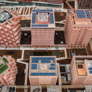 Aerial view of tall buildings