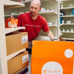 Direct Relief staff delivered medical support to NC MedAssist, a charitable pharmacy in Charlotte, North Carolina, on Oct. 7, 2024, as part of Hurricane Helene response efforts. NC MedAssist ships medications across the state, primarily to patients who are uninsured, and the organization recently received requested medications from Direct Relief, including tetanus vaccines to protect those involved in storm cleanup, and epinephrine injections for those allergic to bees and yellowjackets, which have been a c
