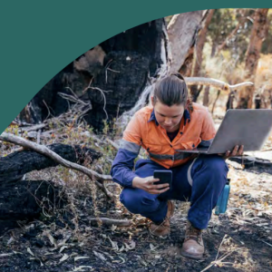 A person knelt down in a foresting whilst holding a laptop and mobile device  