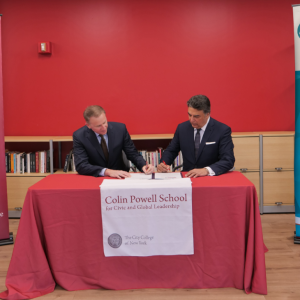 Dr. Andrew Rich, Dean of the Colin Powell School for Civic and Global Leadership at The City College of New York (CCNY) and Mr. Sunil A. (Sunny) Misser (right), Chief Executive Officer of AccountAbility, sign the Memorandum of Understanding officially launching the AccountAbility Sustainability “S Lab.”