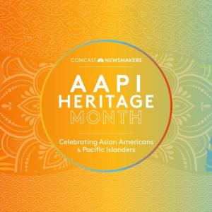 AAPI Heritage Month logo over a colorful background.