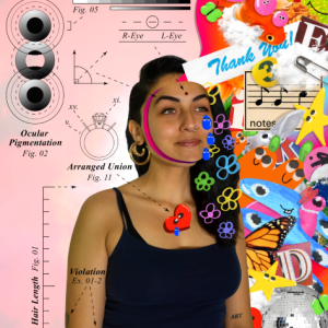 artistic collage with Aaryanna central and clips of graphs, measurements on the left, colorful shapes, characters, music notes on the right