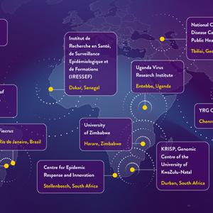 World map highlighting the 14 centers in the Abbott Pandemic Defense Coalition. They are spread over North and South America, Africa, Asia, and the Middle East