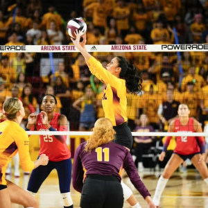 Argentina Ung sets the ball during a matchup against the University of Arizona in Desert Financial Arena on Oct. 9, 2024. Photo courtesy of ASU Knowledge Enterprise