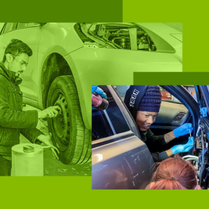 Collage of students working on vehicles