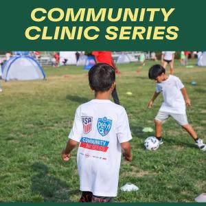 "Community Clinic Series" above picture of two children playing soccer