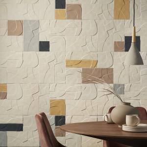 Image of multicolored tiles behind a table