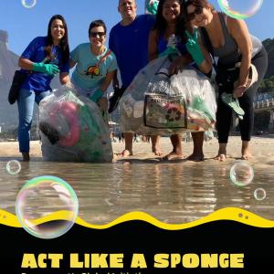 "Act like a sponge, Paramount's Global Initiative for Ocean Conservation" People standing on the beach