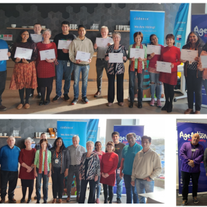 Collage of images of groups of people holding certificates.