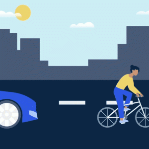 basic digital art of a person on a bike and a car approaching them quickly from behind on a road