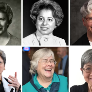 Trailblazing women mentioned in Amy’s article – (L to R, top row: Katherine Graham Peden, Patricia Harris, Sr. Corinne Florek; bottom row: Nancy Andrews, Julie Eades, Kirsten Moy)