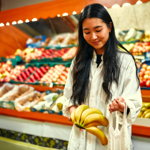 Asian woman shopping in the grocery store.
