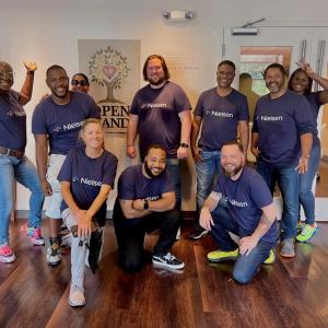 A group of people in a large waiting area