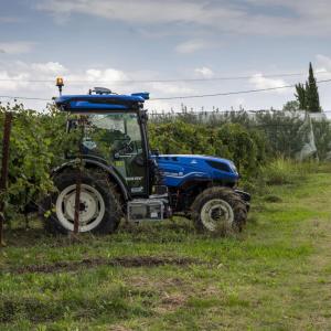 Blue tractor in field of grape vines