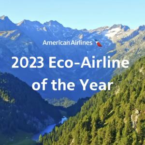 screengrab of a twitter post from robert_isom. Image is of forested mountains and American Airlines logo with 2023 Eco-Airline of the year.