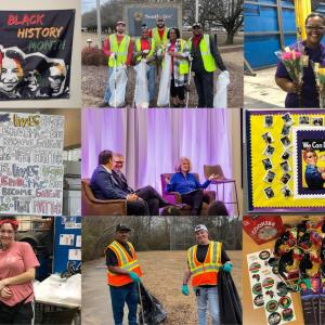 Collage of nine photos celebrating Black History Month, volunteering and female employees
