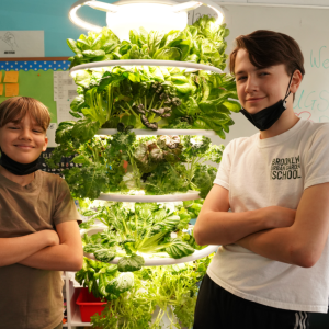 Two students pose with arms crossed in front of hydroponic classroom plants
