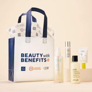 The Beauty with Benefits Gift with Purchase bag is pictured, along with four products from TULA, Sunday Riley, Supergoop! and philosophy. 