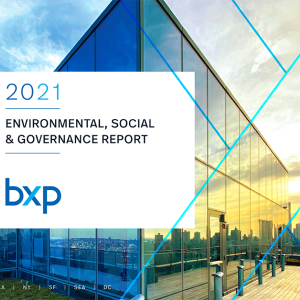 "2021 Environmental, Social, and Governance Report" with bxp logo and building in background