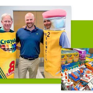 Collage of people dressed in costumes posed and piles of school supplies.