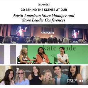 Three pictures from the North American Store Manager and Store Leader Conferences. 1) COACH presenting a talk on stage to a crowd of people. 2) Three people sat on chairs with a green 'kate spade' logo behind them. 3) group of people smiling against a backdrop with a range of logo's on