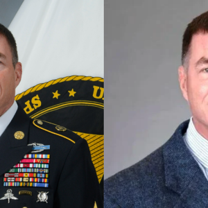 William F. Thetford on the left in military uniform, and the right in a suit and tie.