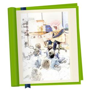 Bill Bateman, dressed in a pencil costume, reading to a classroom of children.