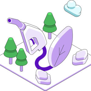 Purple fuel nozzle floats in the air, connected to leaf. Trees and a cloud float in the background.